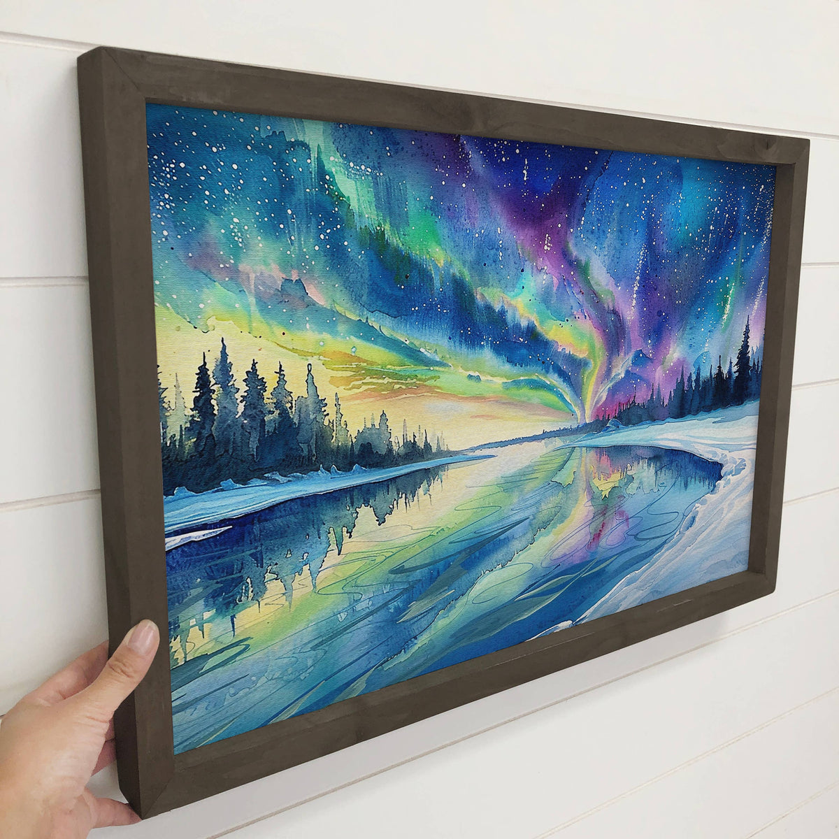 Northern Lights Watercolor - Winter Cabin Canvas Art