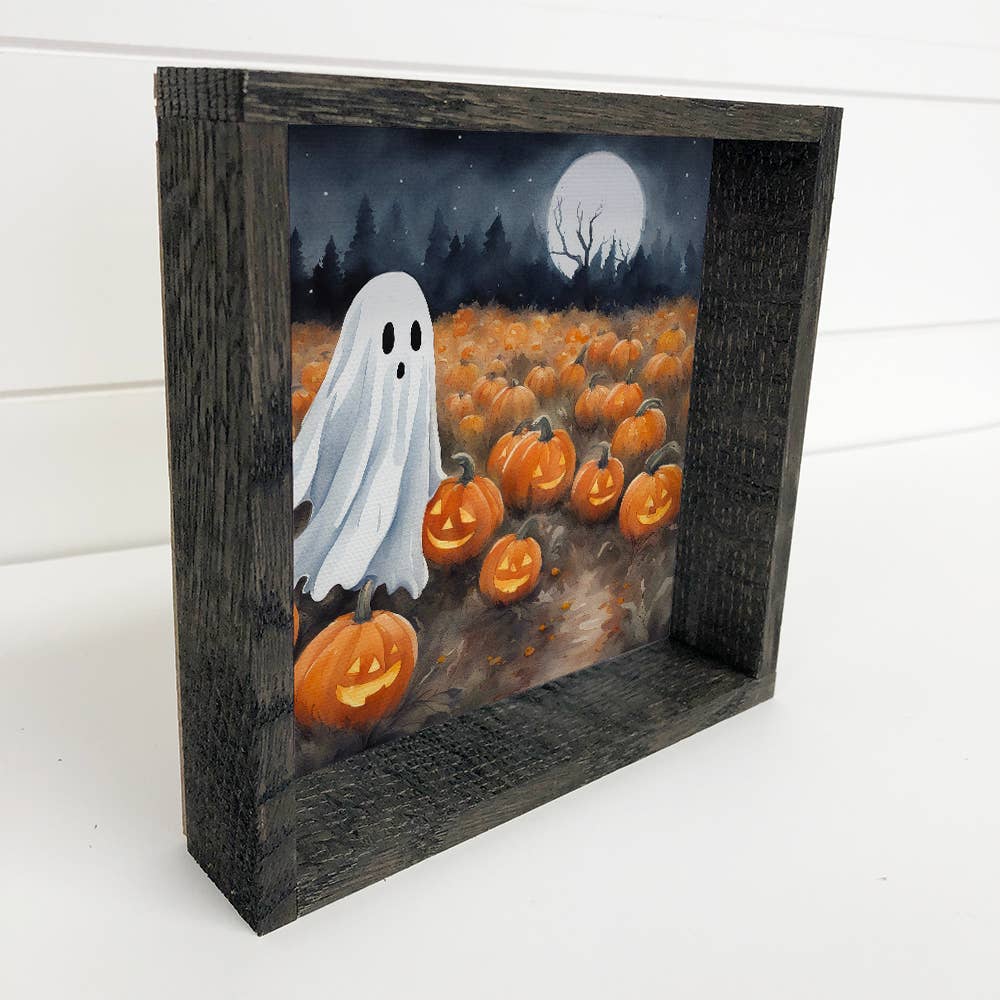 Cute Ghost Pumpkin Patch - Halloween Canvas Art - Framed Art
