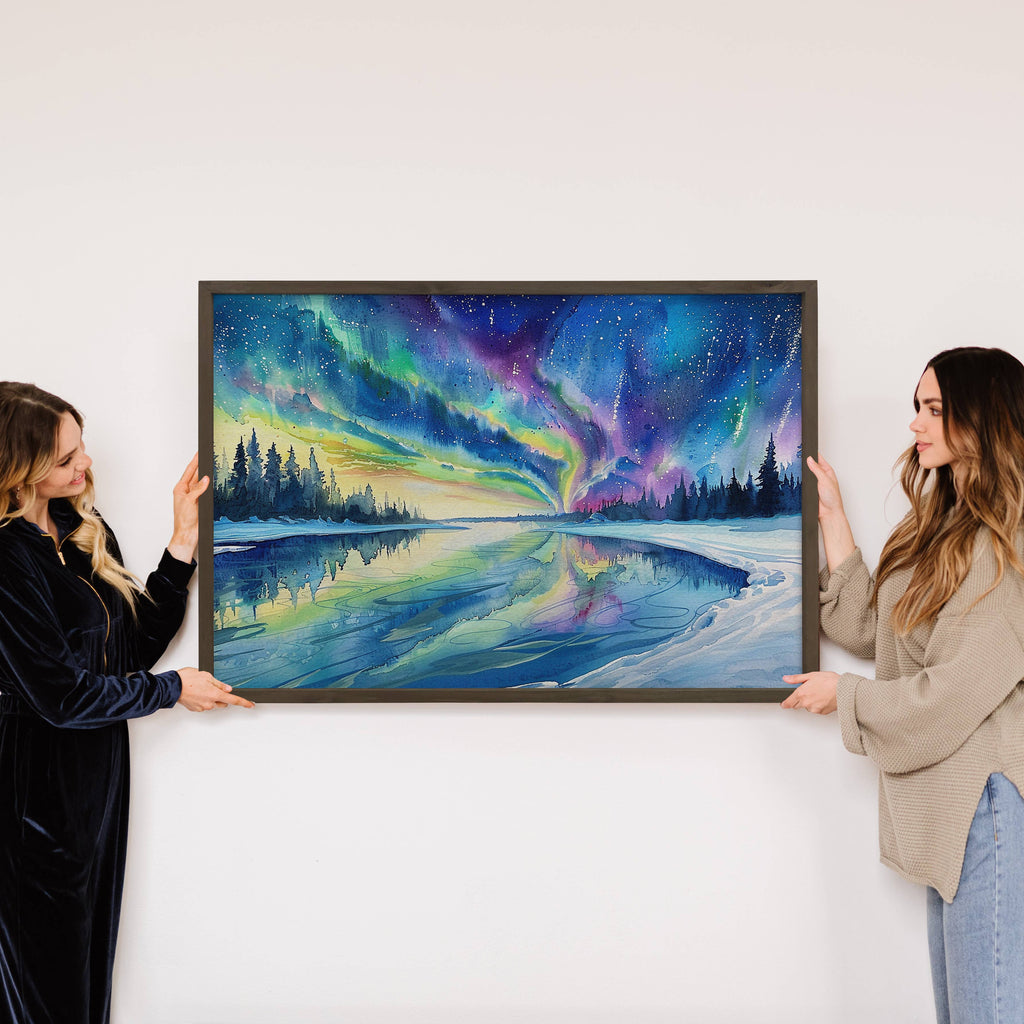 Northern Lights Watercolor - Winter Cabin Canvas Art