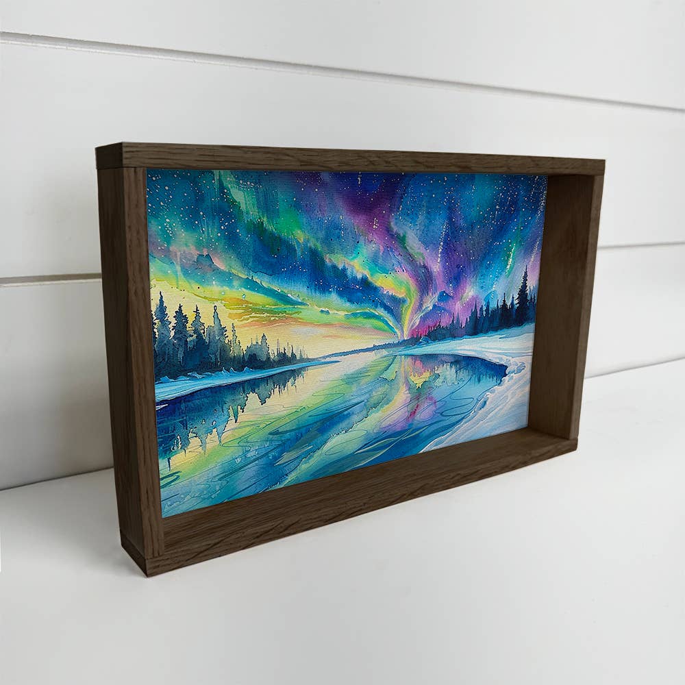 Northern Lights Watercolor - Winter Cabin Canvas Art
