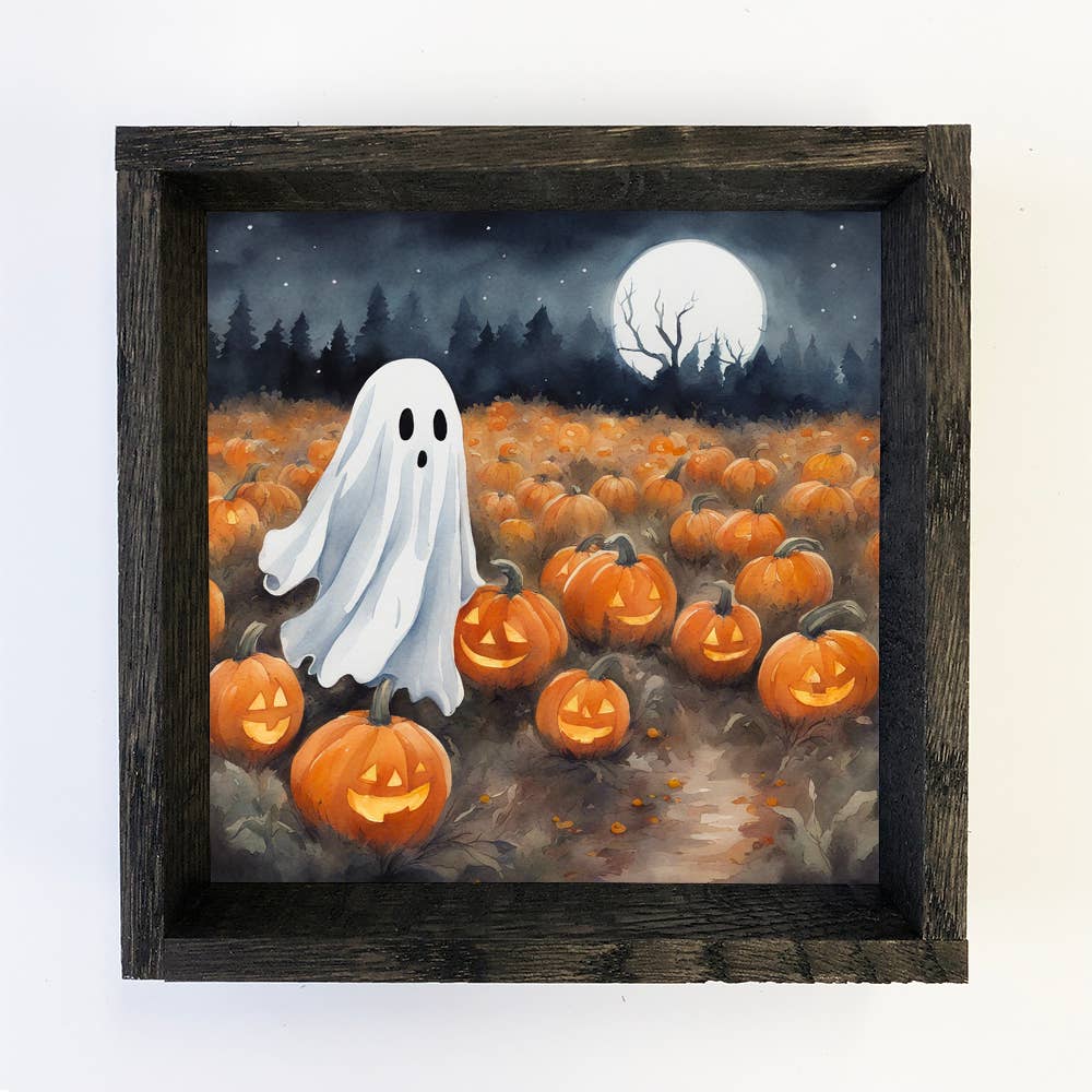 Cute Ghost Pumpkin Patch - Halloween Canvas Art - Framed Art