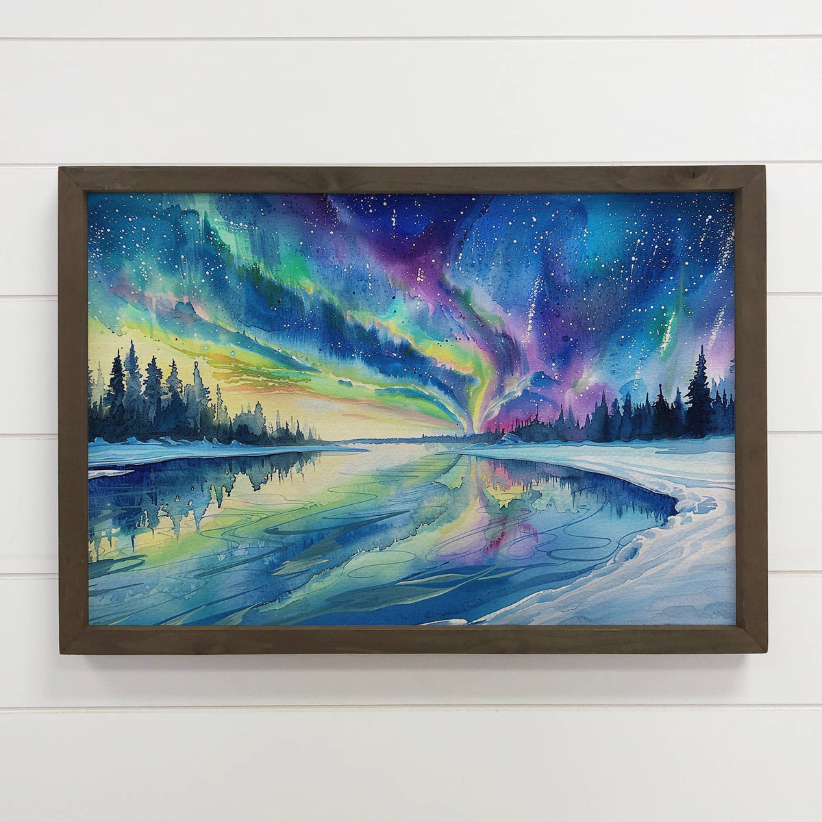 Northern Lights Watercolor - Winter Cabin Canvas Art