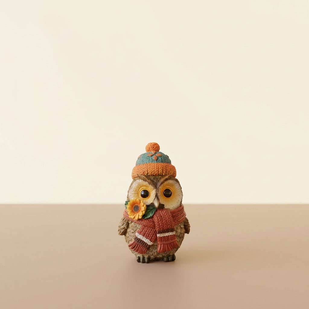 A small owl figurine wearing a knitted orange and dark blue beanie with a pom-pom and a matching red knit scarf, holding a yellow flower, standing on a wooden table.