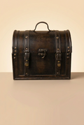 A vintage-style dark brown leather trunk with brass hardware, a top handle, and front straps