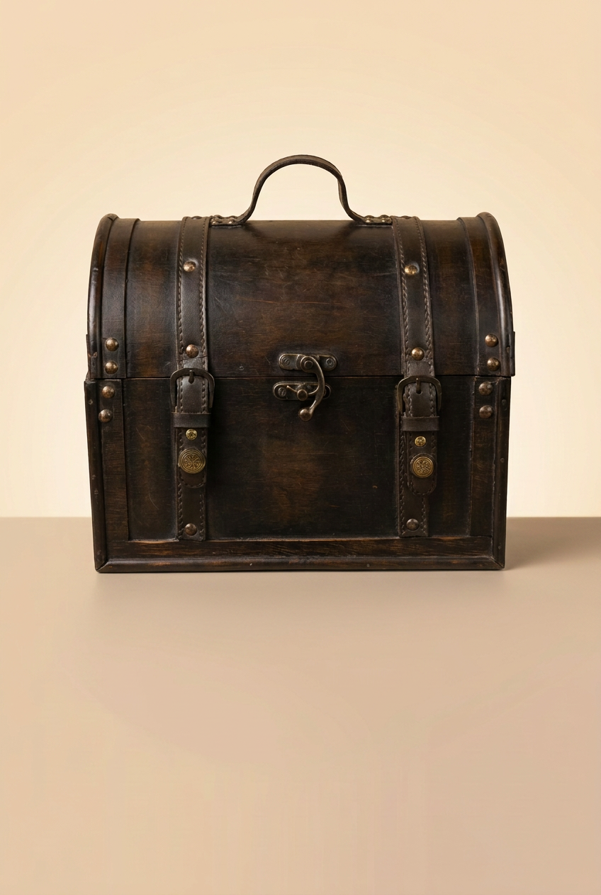 A vintage-style dark brown leather trunk with brass hardware, a top handle, and front straps